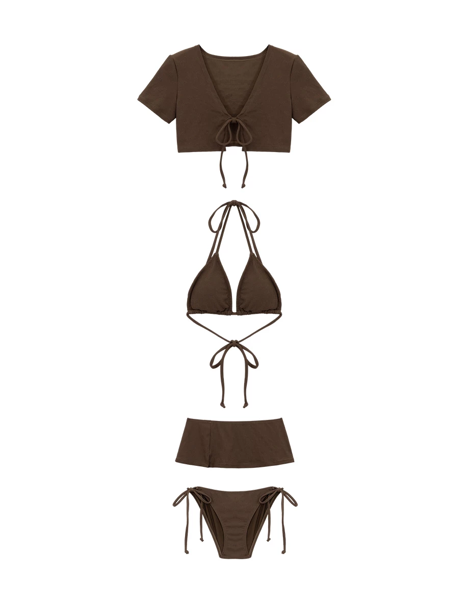 【BIKINI SET 4PC】Ribbed Triangle Push Up Bikini Top + Side Tie Bikini Bottom + Short Sleeve Cover Blouse + Mini Skirt 4 Piece Combo Swimwear 【BIKINI SET 4PC】Ribbed Triangle Push Up Bikini Top + Side Tie Bikini Bottom + Short Sleeve Cover Blouse + Mini Skirt 4 Piece Combo Swimwear