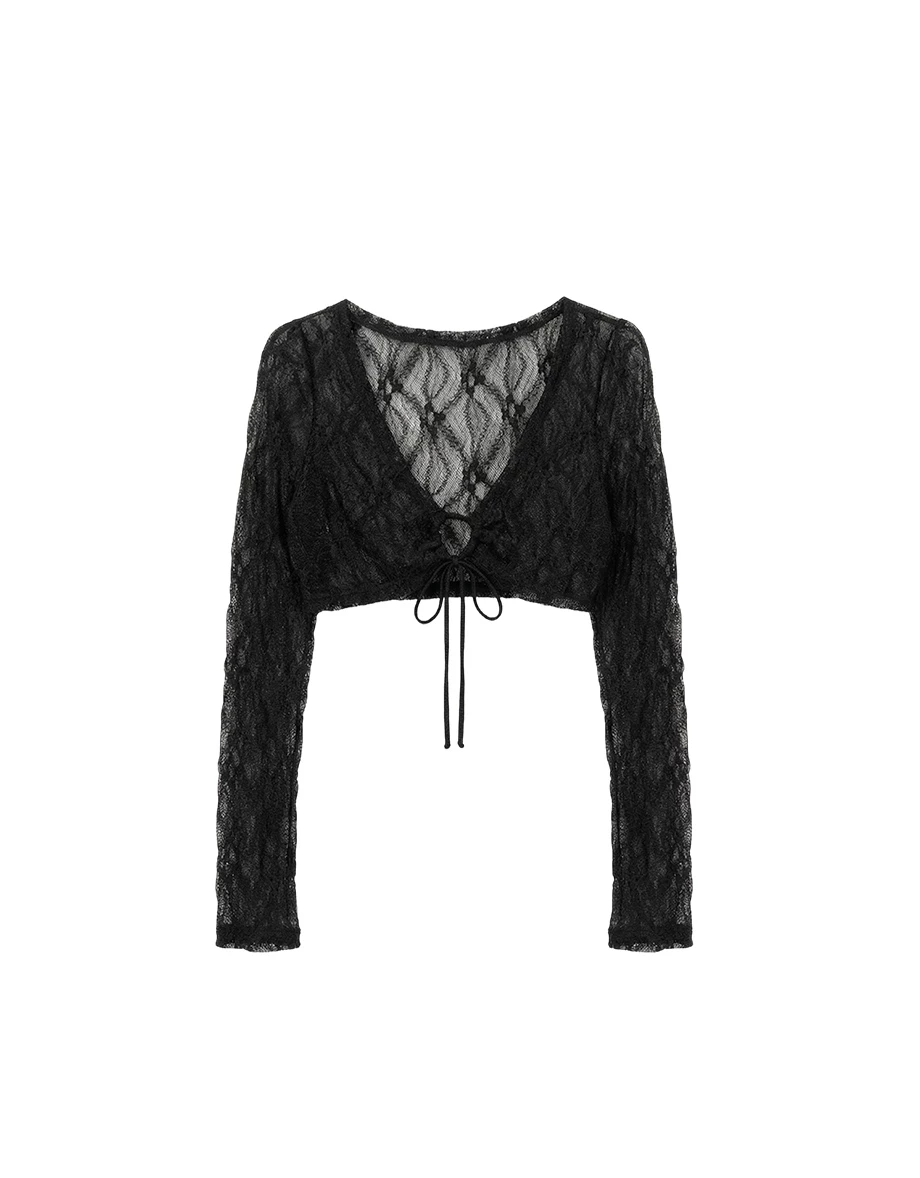 V領鏤空抽繩綁帶長袖短版蕾絲外搭上衣