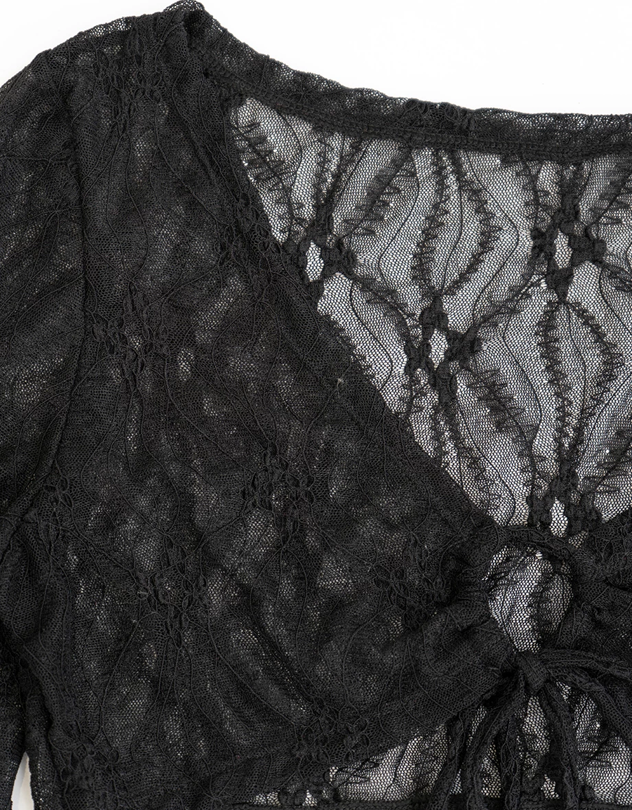 V領鏤空抽繩綁帶長袖短版蕾絲外搭上衣