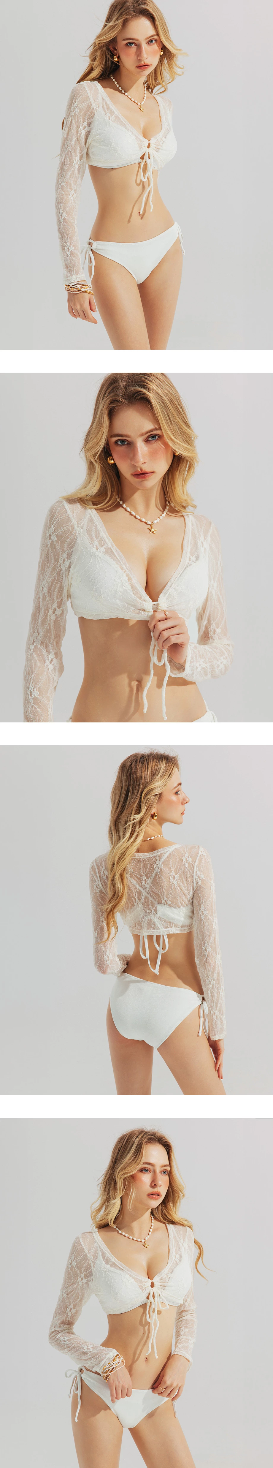 V領鏤空抽繩綁帶長袖短版蕾絲外搭上衣