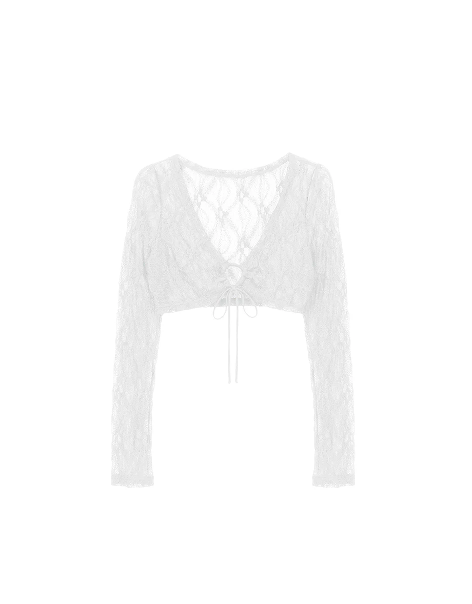 V領鏤空抽繩綁帶長袖短版蕾絲外搭上衣