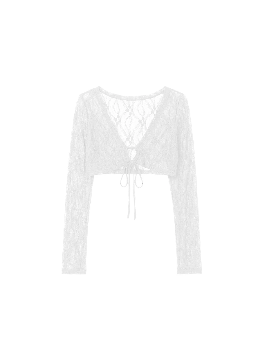 V領鏤空抽繩綁帶長袖短版蕾絲外搭上衣