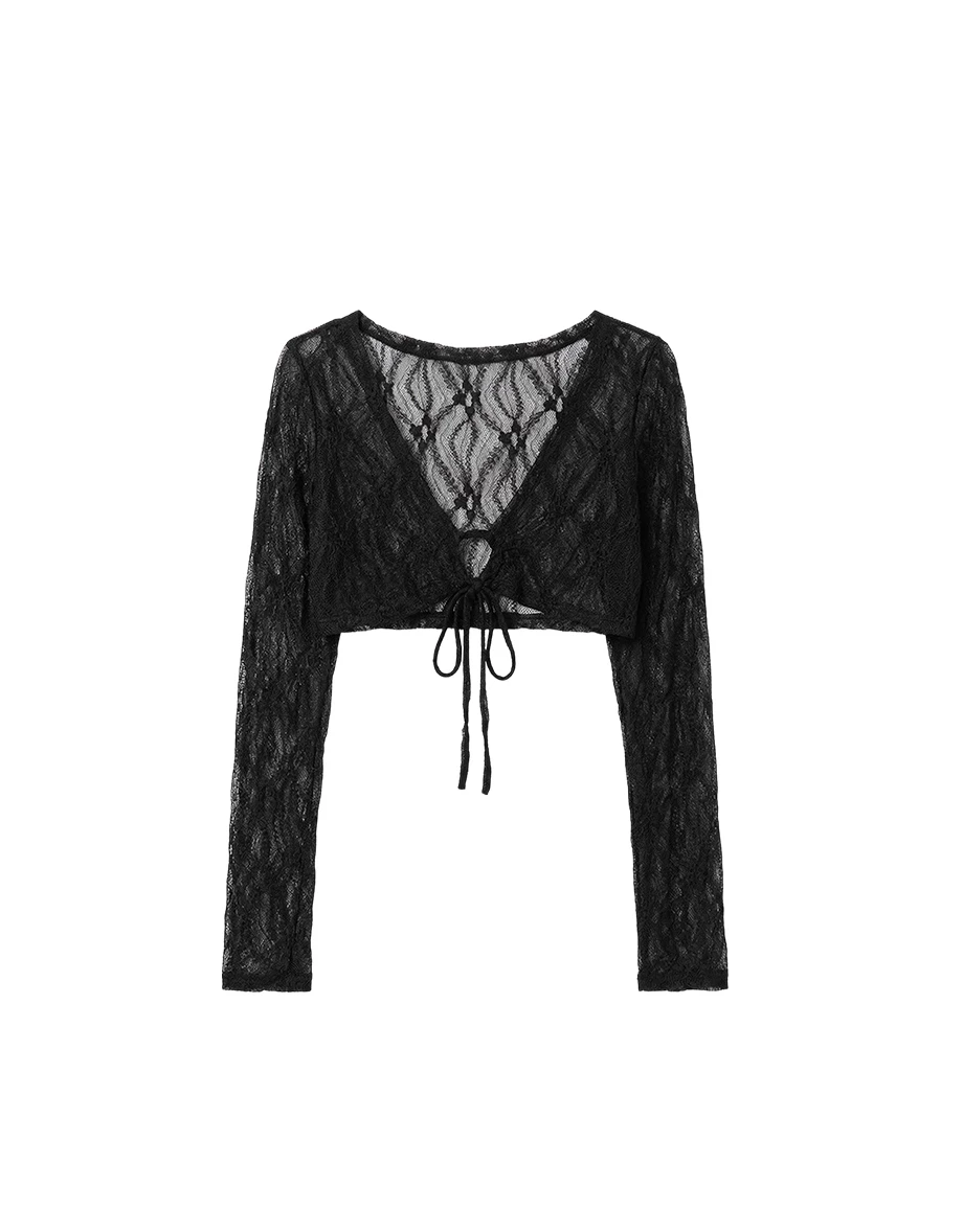 V領鏤空抽繩綁帶長袖短版蕾絲外搭上衣
