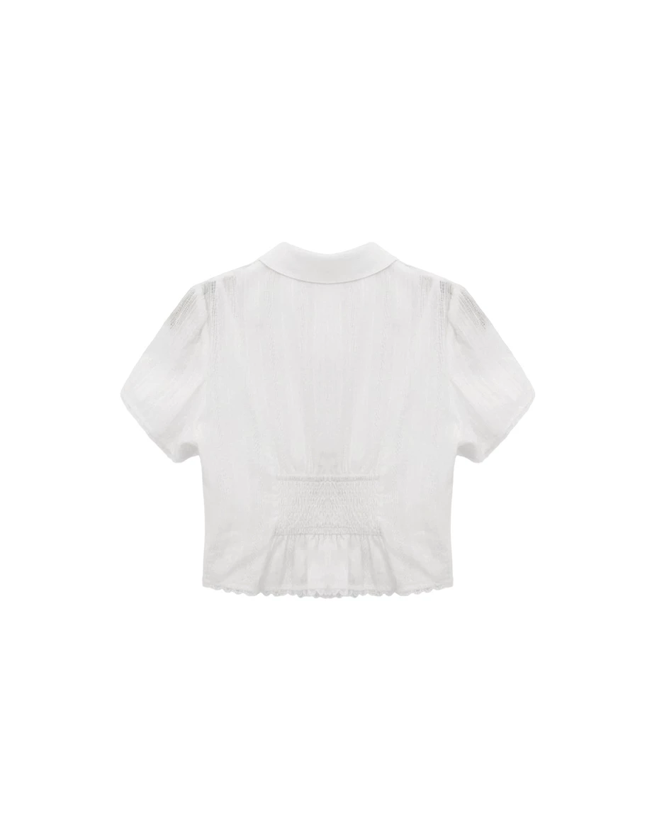 線條織紋蕾絲花邊小澎袖抓皺修身短版襯衫