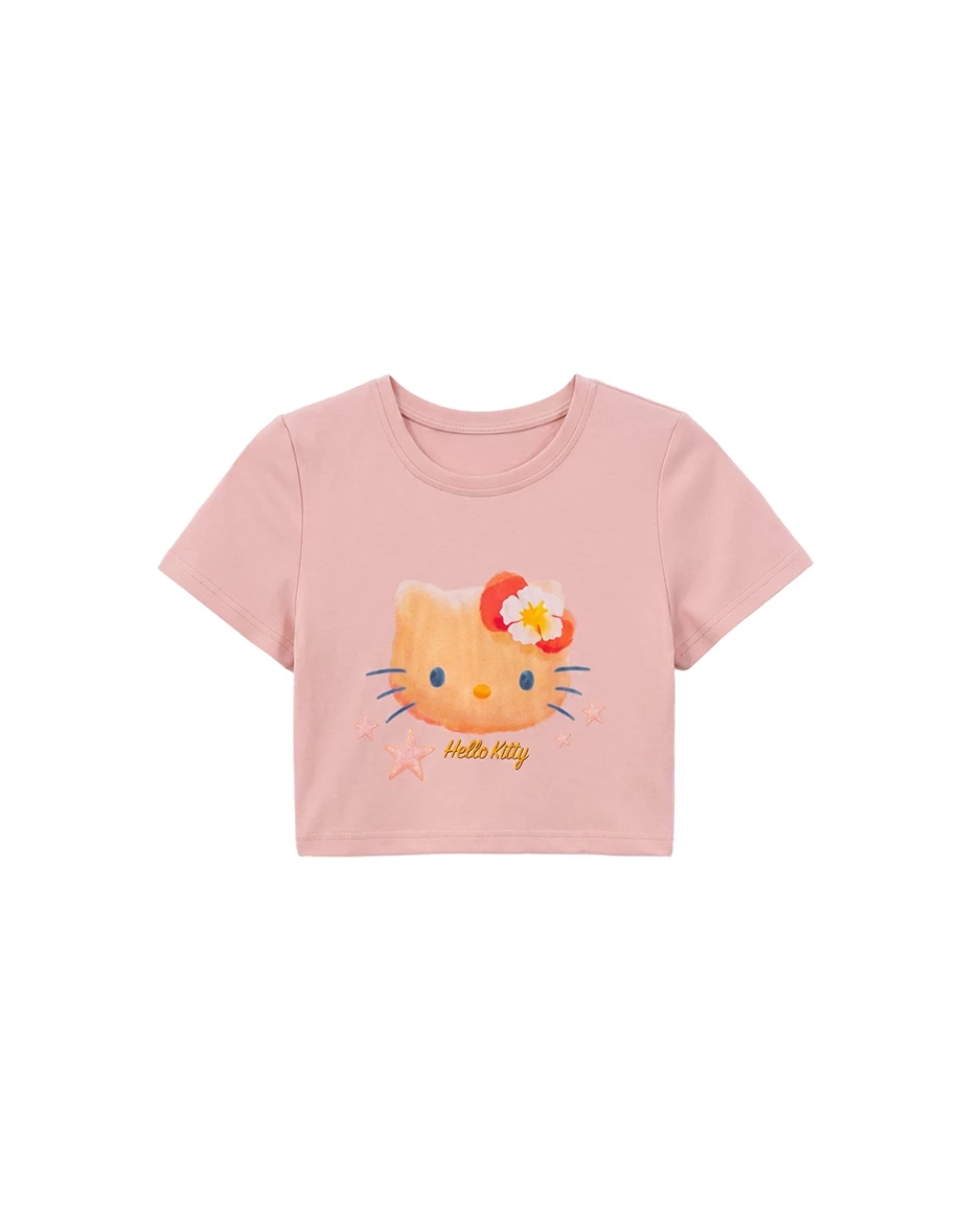 【三麗鷗聯名】烤焦版KITTY海星扶桑花印花短袖短版TEE 【三麗鷗聯名】烤焦版KITTY海星扶桑花印花短袖短版TEE