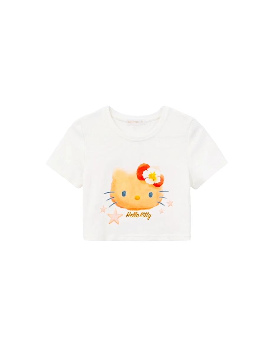 【三麗鷗聯名】烤焦版KITTY海星扶桑花印花短袖短版TEE 【三麗鷗聯名】烤焦版KITTY海星扶桑花印花短袖短版TEE