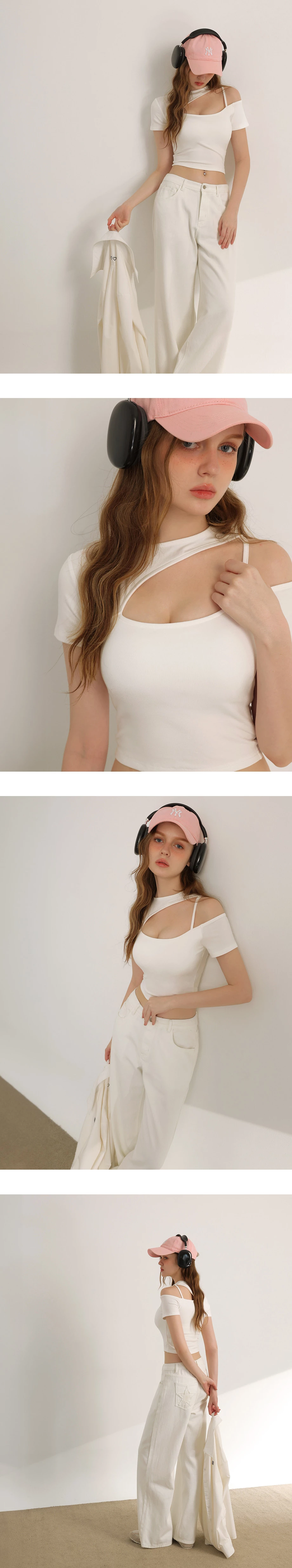 圓領單邊鏤空細肩帶短袖短版上衣(附胸墊)