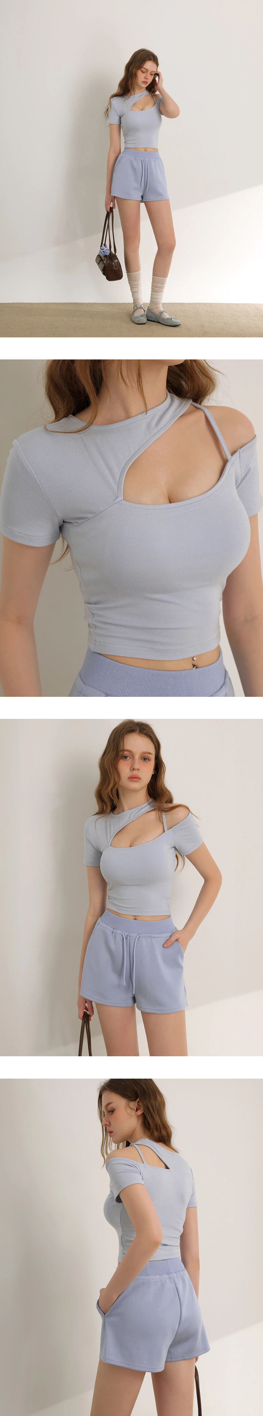 圓領單邊鏤空細肩帶短袖短版上衣(附胸墊)