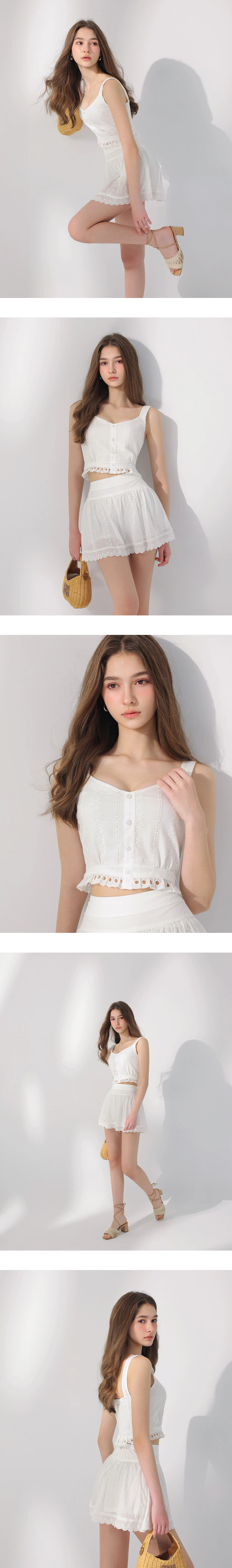 V領排扣鏤空花邊下擺刺繡蕾絲寬肩帶短版背心