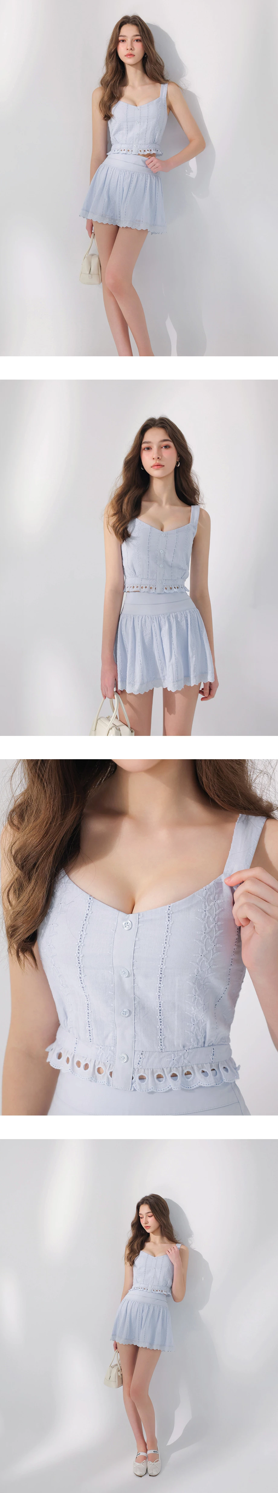 V領排扣鏤空花邊下擺刺繡蕾絲寬肩帶短版背心