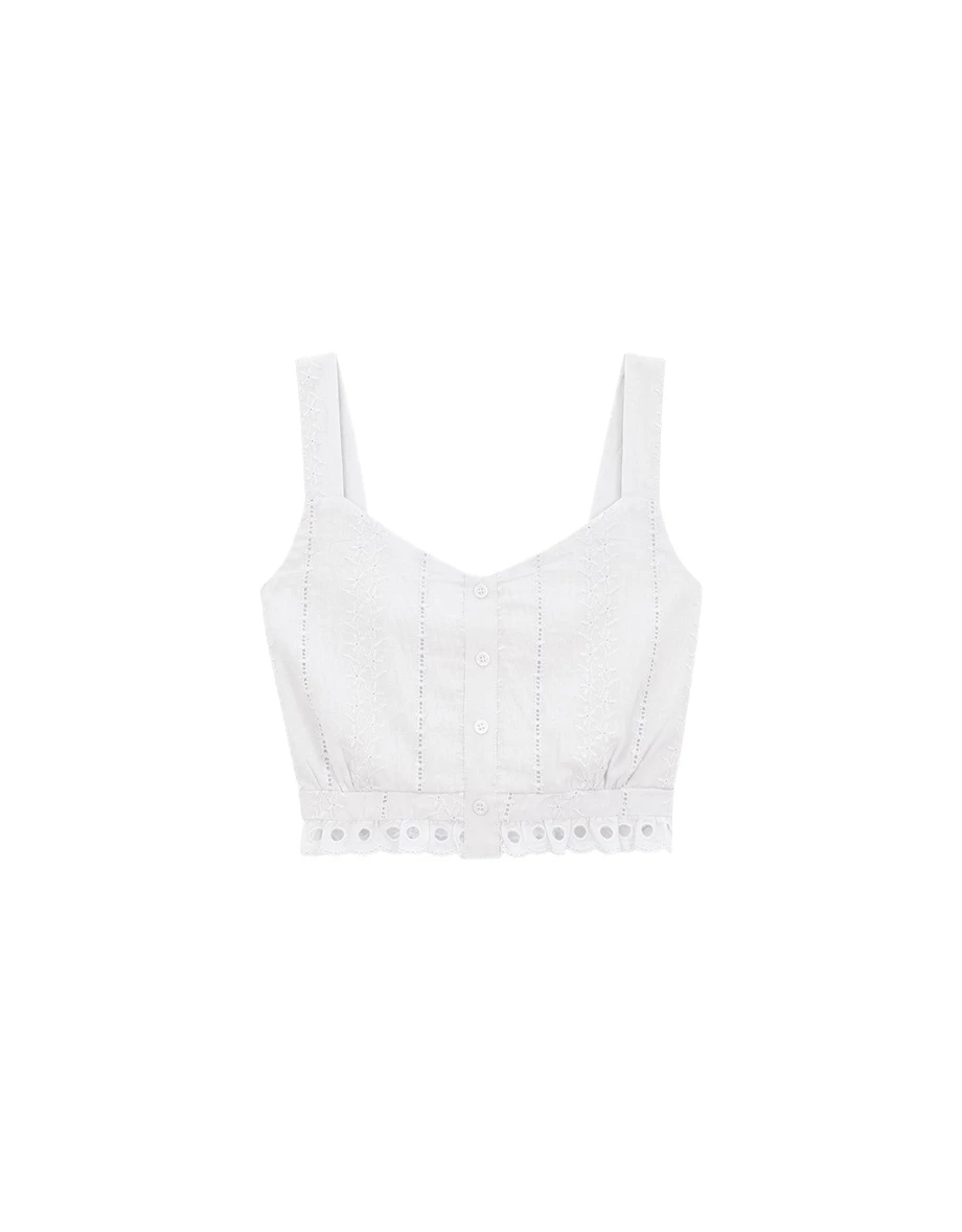 V領排扣鏤空花邊下擺刺繡蕾絲寬肩帶短版背心