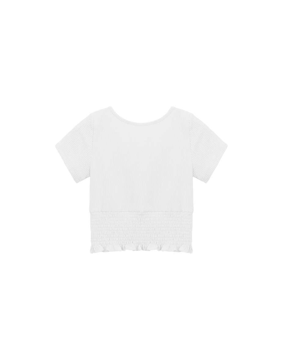 U領綁帶荷葉邊縮褶拼接羅紋短袖短版上衣