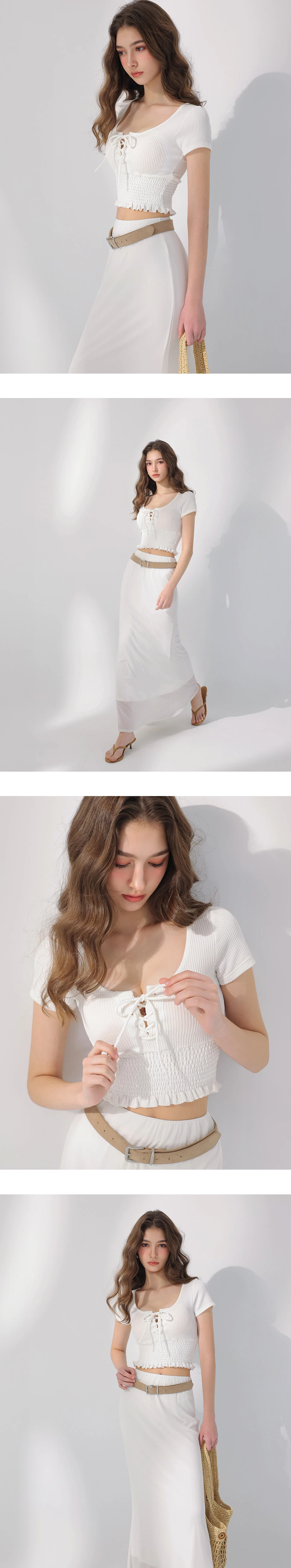 U領綁帶荷葉邊縮褶拼接羅紋短袖短版上衣