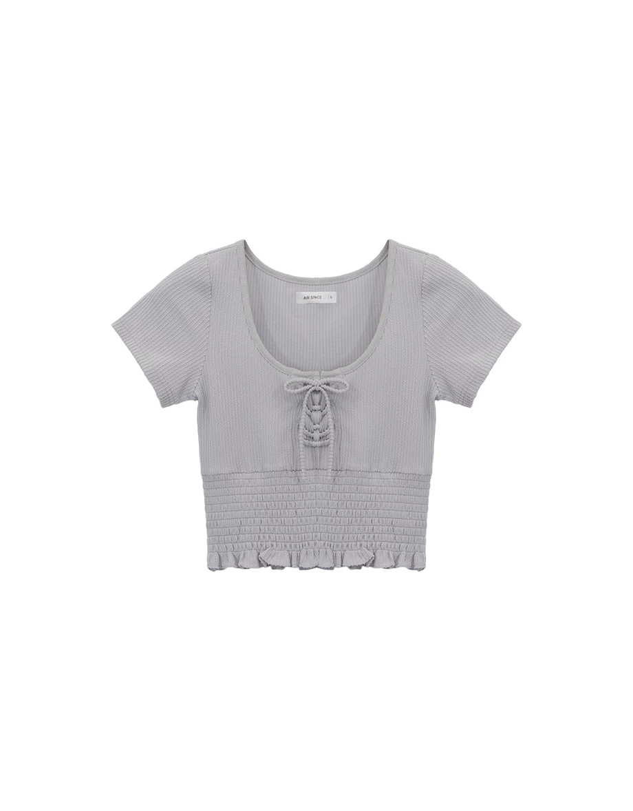 U領綁帶荷葉邊縮褶拼接羅紋短袖短版上衣