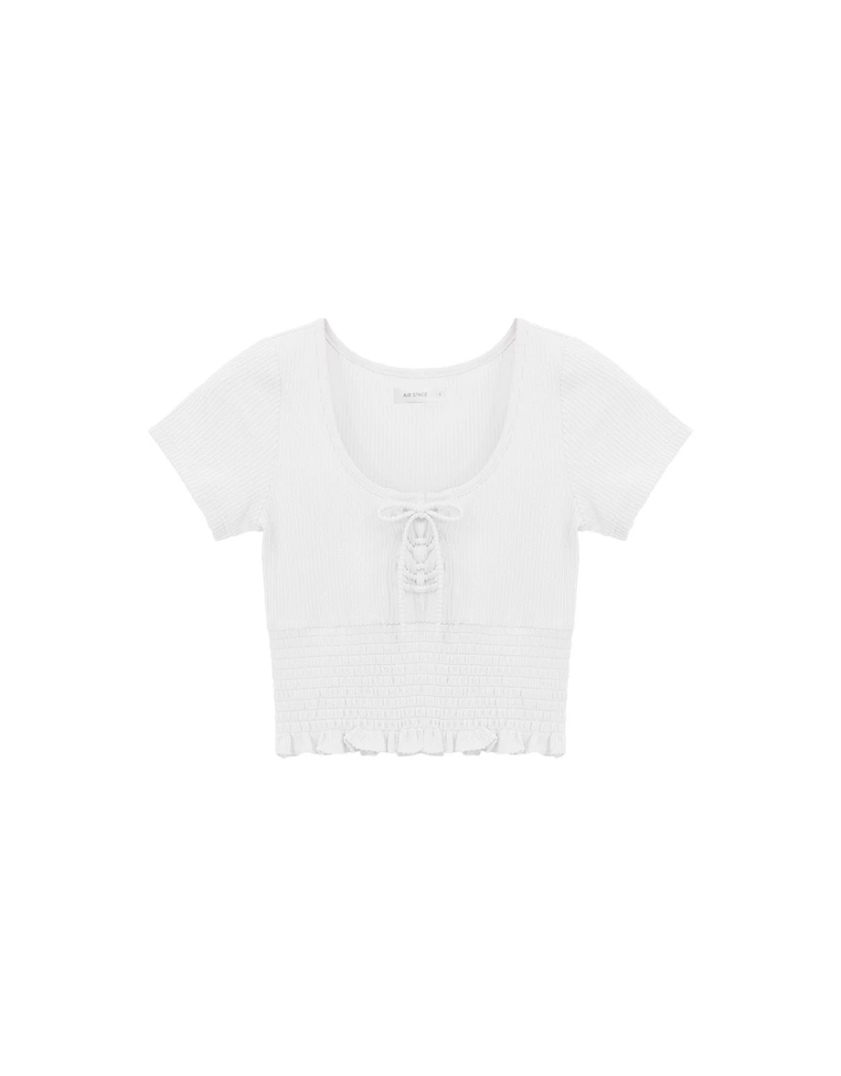 U領綁帶荷葉邊縮褶拼接羅紋短袖短版上衣