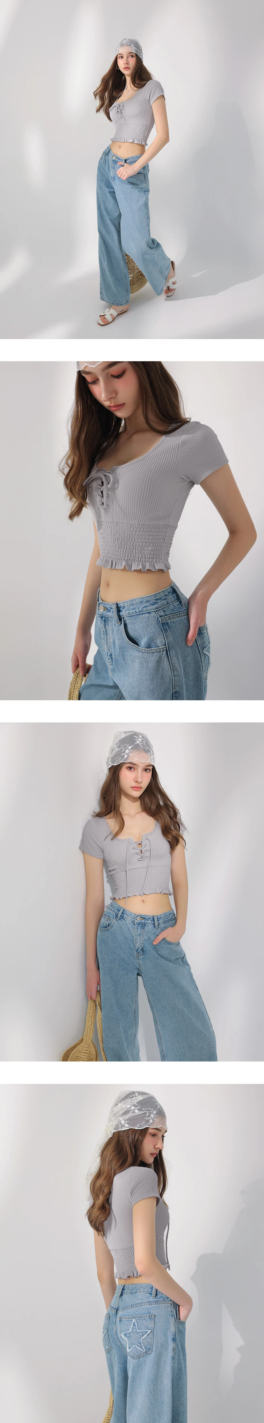 U領綁帶荷葉邊縮褶拼接羅紋短袖短版上衣