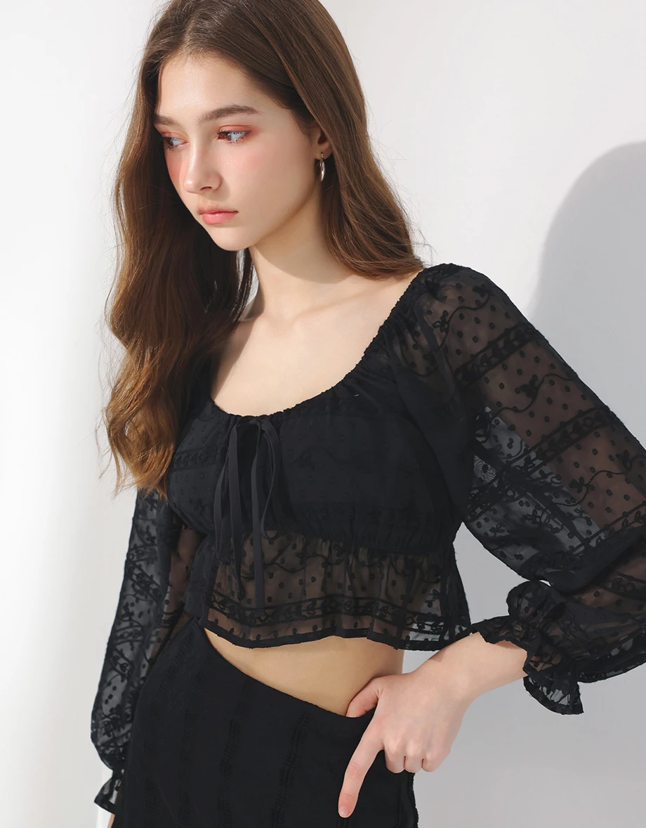 法式方領綁帶刺繡蕾絲荷葉澎袖短版透膚上衣