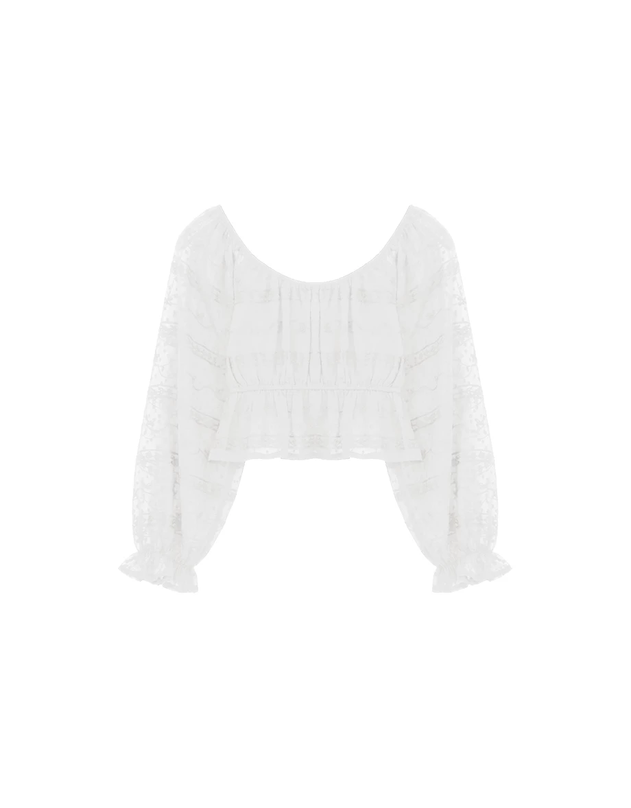 法式方領綁帶刺繡蕾絲荷葉澎袖短版透膚上衣