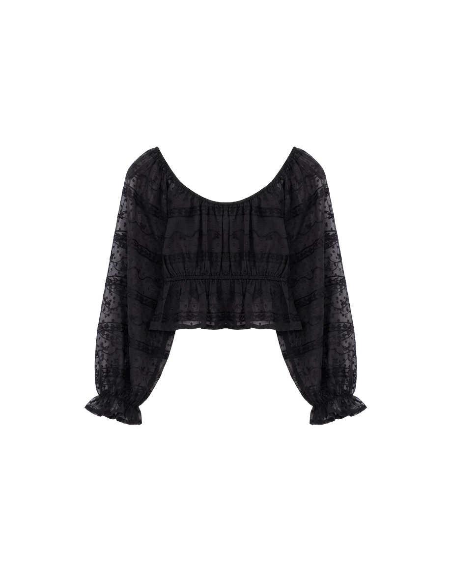 法式方領綁帶刺繡蕾絲荷葉澎袖短版透膚上衣