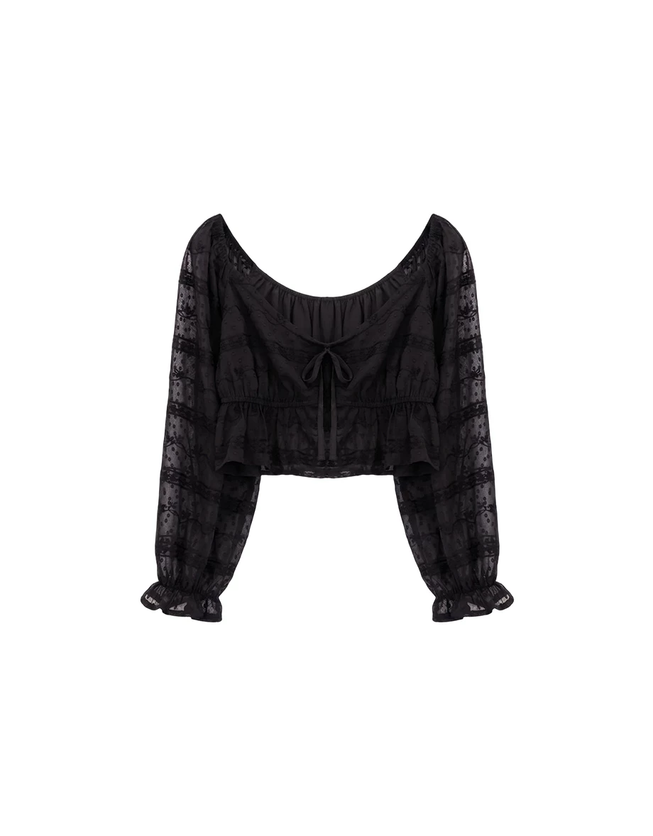 法式方領綁帶刺繡蕾絲荷葉澎袖短版透膚上衣