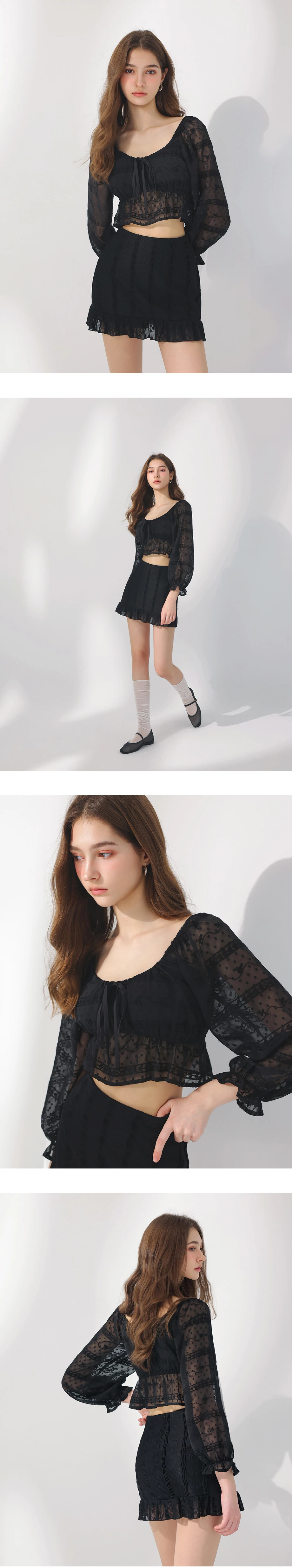法式方領綁帶刺繡蕾絲荷葉澎袖短版透膚上衣