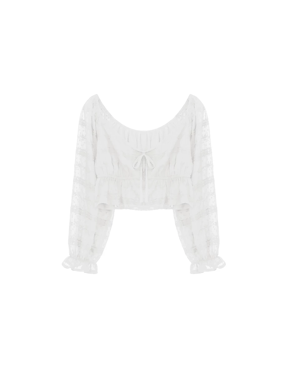 法式方領綁帶刺繡蕾絲荷葉澎袖短版透膚上衣