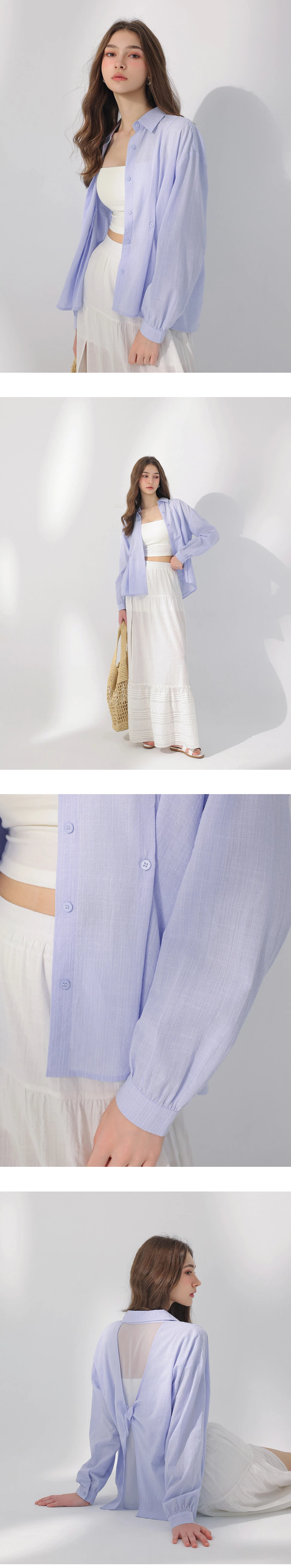 鈕扣抓褶後扭結透膚雪紡拼接線條紋理長袖襯衫