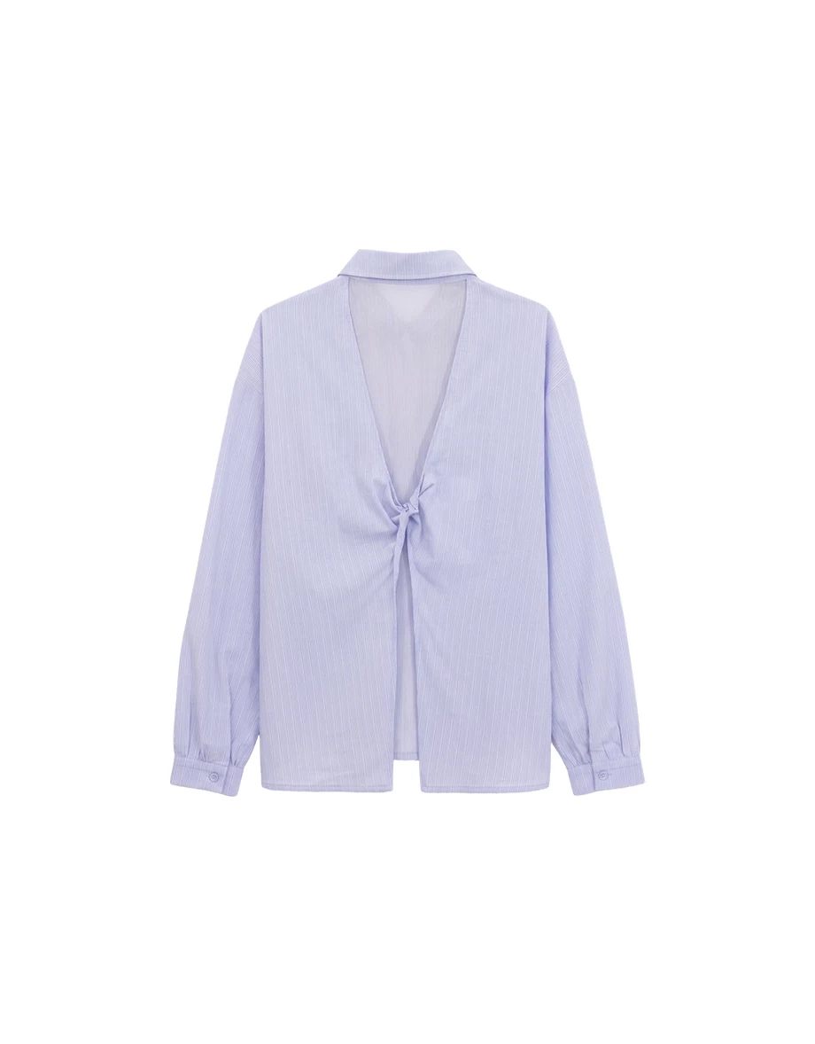 鈕扣抓褶後扭結透膚雪紡拼接線條紋理長袖襯衫