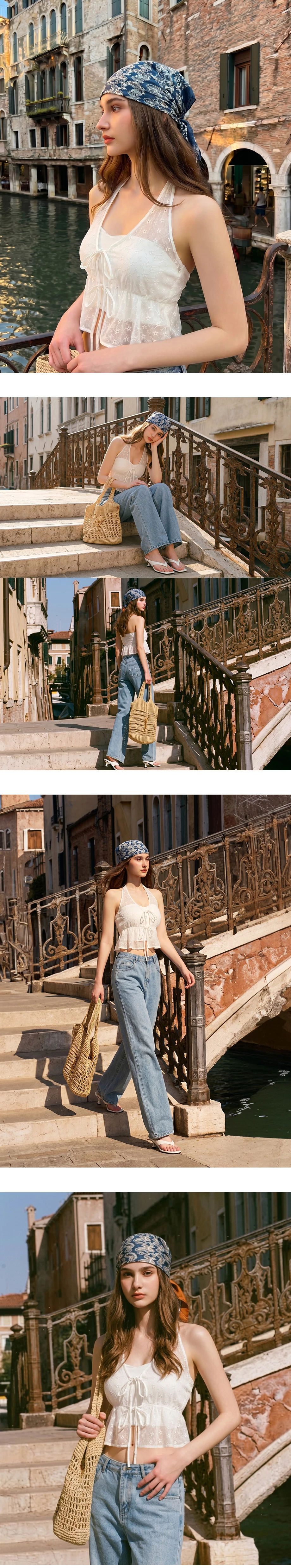 假兩件桃心領花紋刺繡透膚雪紡繞頸綁帶傘擺背心(附胸墊)