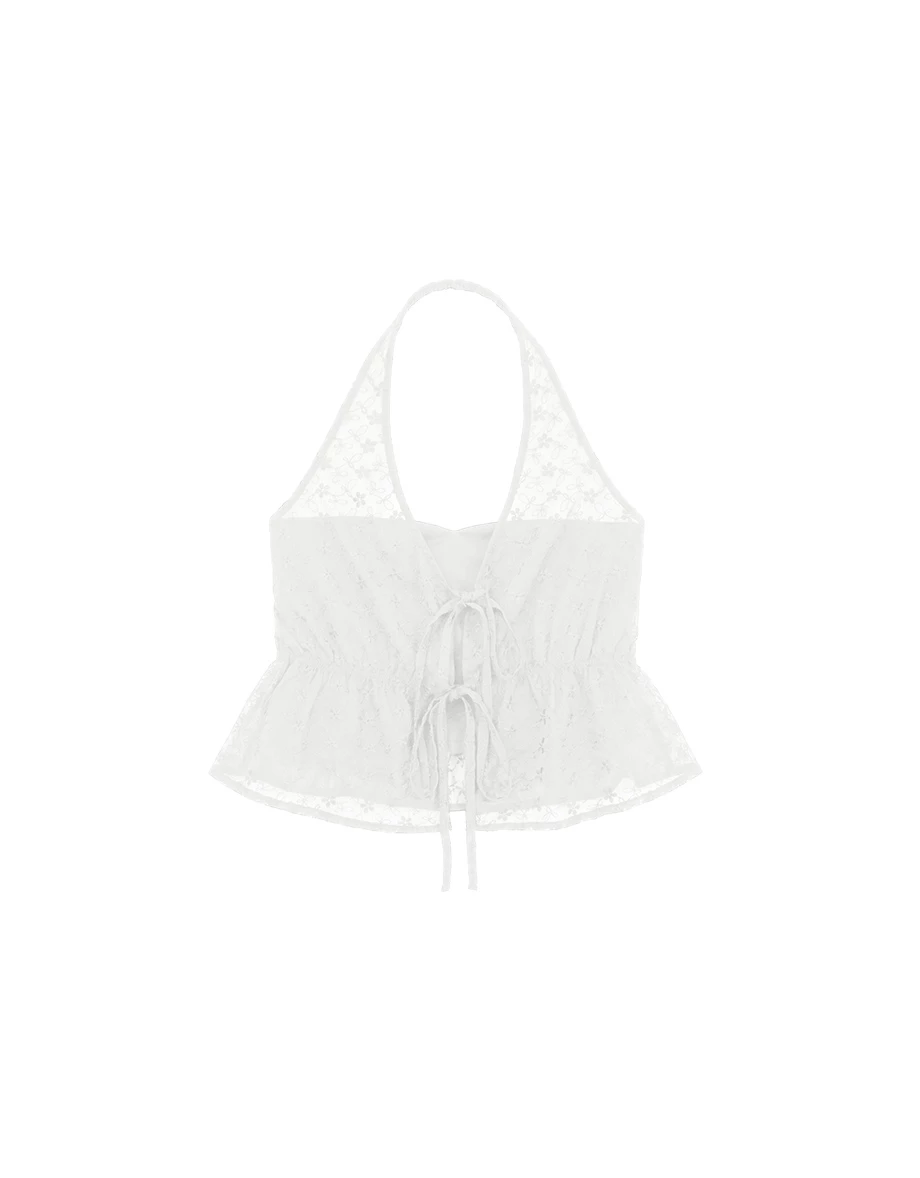 假兩件桃心領花紋刺繡透膚雪紡繞頸綁帶傘擺背心(附胸墊)