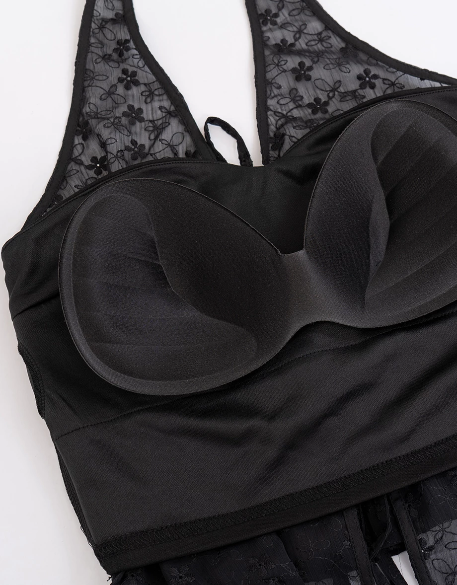 假兩件桃心領花紋刺繡透膚雪紡繞頸綁帶傘擺背心(附胸墊)