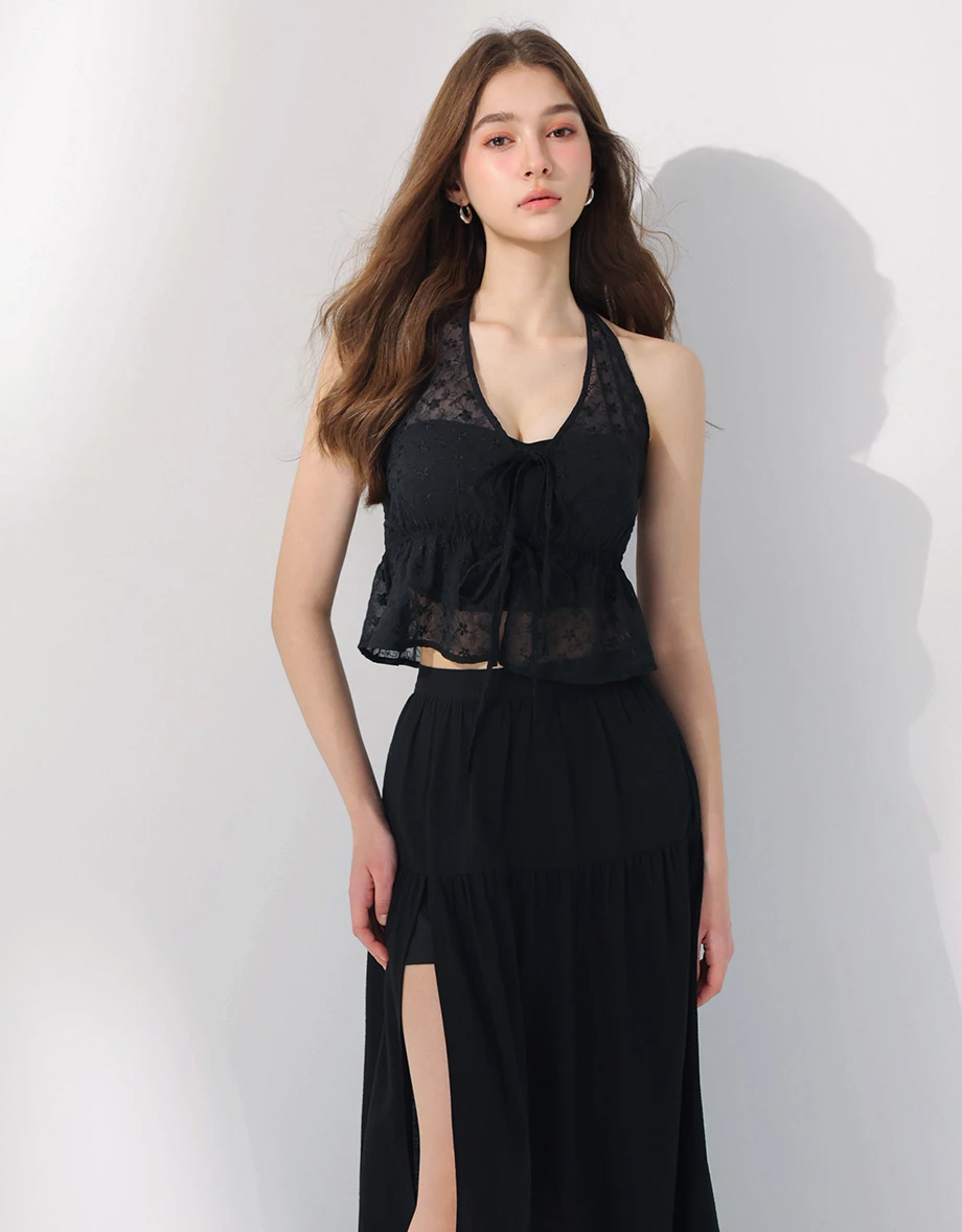 假兩件桃心領花紋刺繡透膚雪紡繞頸綁帶傘擺背心(附胸墊)