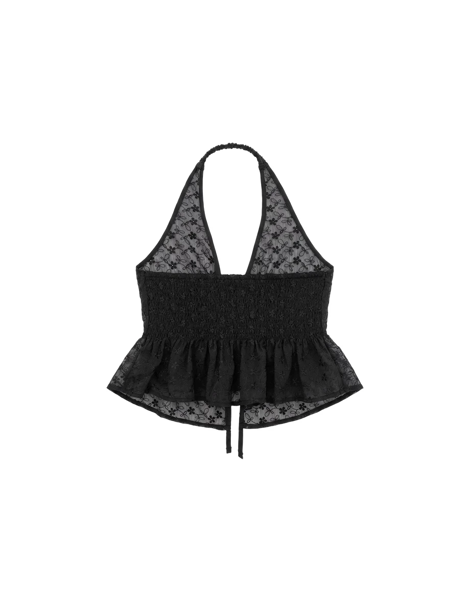 假兩件桃心領花紋刺繡透膚雪紡繞頸綁帶傘擺背心(附胸墊)