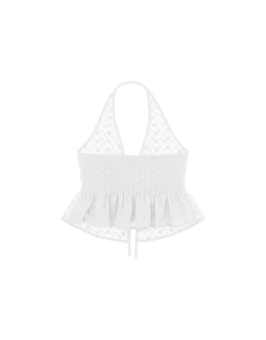 假兩件桃心領花紋刺繡透膚雪紡繞頸綁帶傘擺背心(附胸墊)