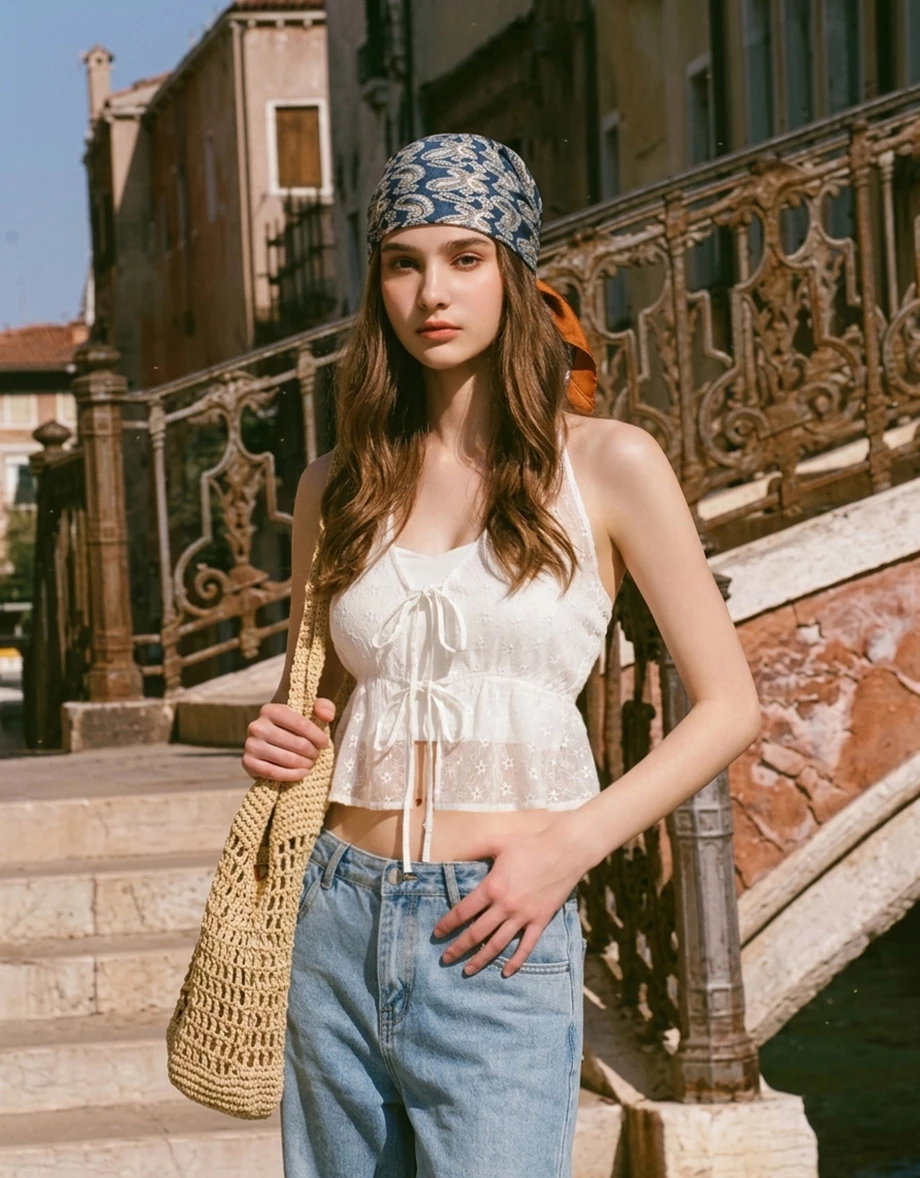 假兩件桃心領花紋刺繡透膚雪紡繞頸綁帶傘擺背心(附胸墊)