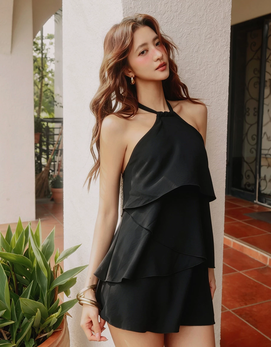 【ANN Design】Backless Halter Neck Tiered Asymmetrical Ruffle Padded Bra Top