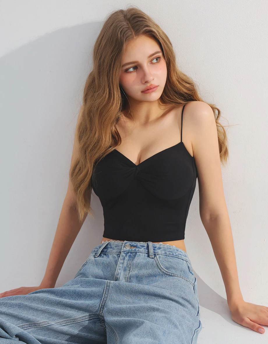 【ANN Design】Cooling Fabric Twist Front Spaghetti Strap Padded Cami Bra Top