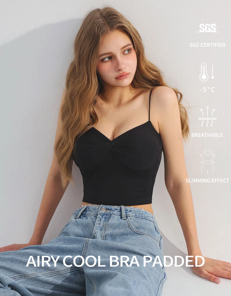 【ANN Design】Cooling Fabric Twist Front Spaghetti Strap Padded Cami Bra Top
