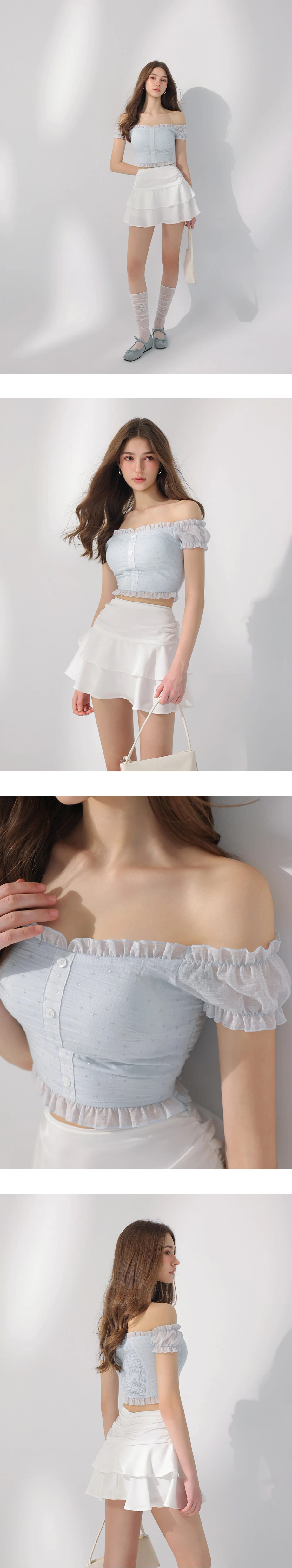 一字領荷葉邊澎袖星星緹花排扣短版上衣(附胸墊)