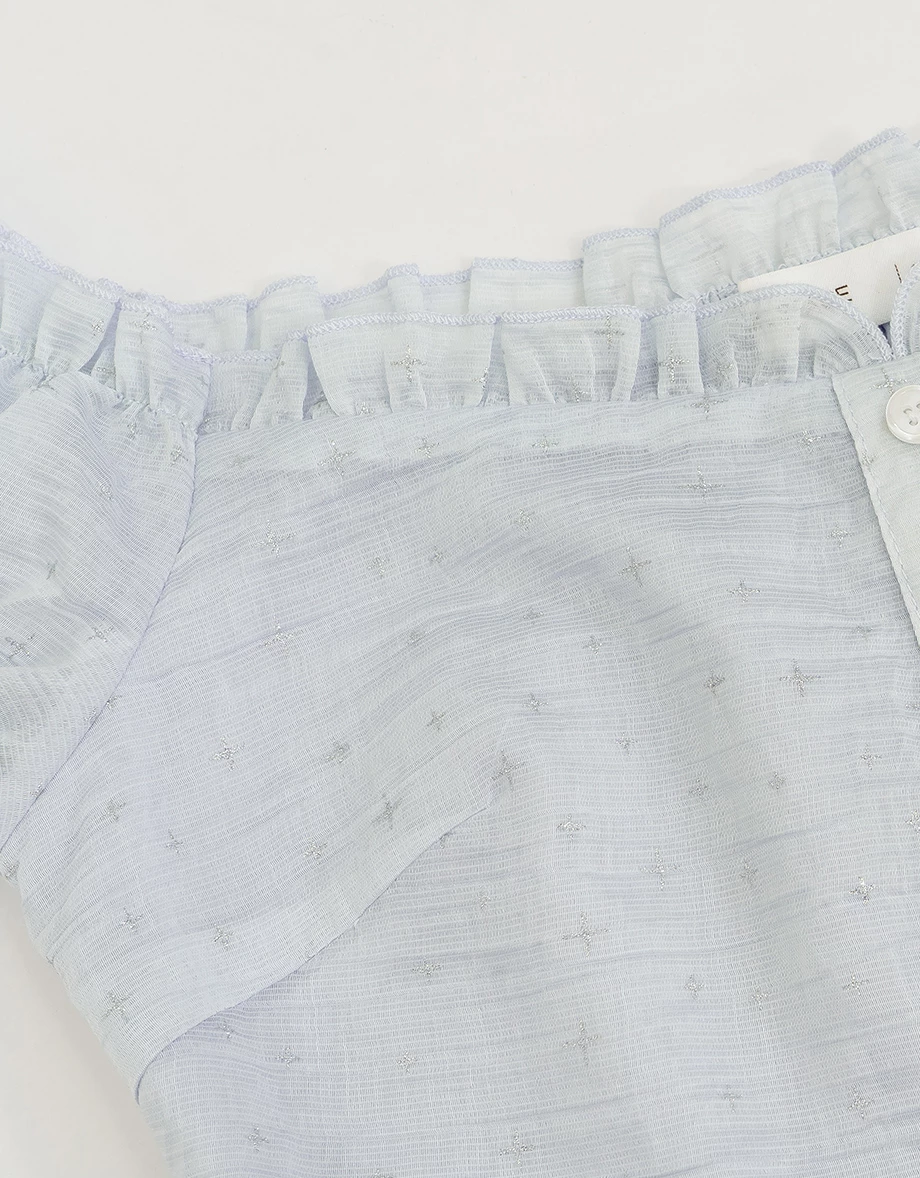 一字領荷葉邊澎袖星星緹花排扣短版上衣(附胸墊)