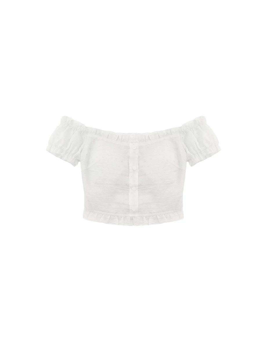 一字領荷葉邊澎袖星星緹花排扣短版上衣(附胸墊)