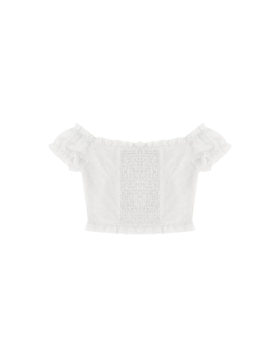 一字領荷葉邊澎袖星星緹花排扣短版上衣(附胸墊)