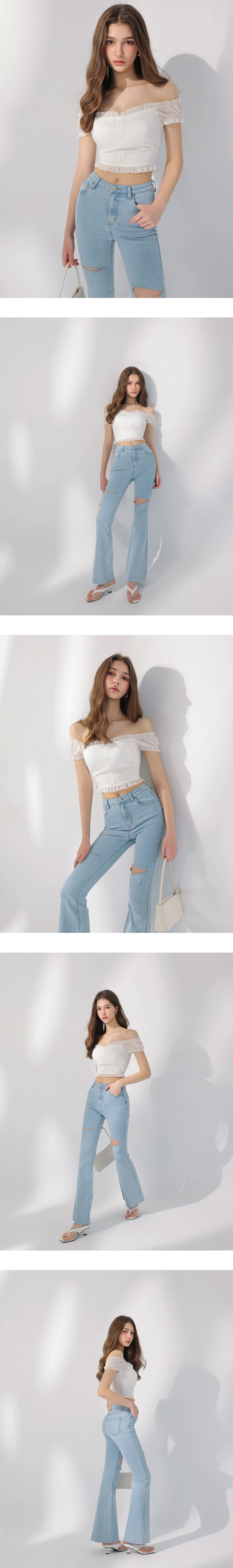 一字領荷葉邊澎袖星星緹花排扣短版上衣(附胸墊)