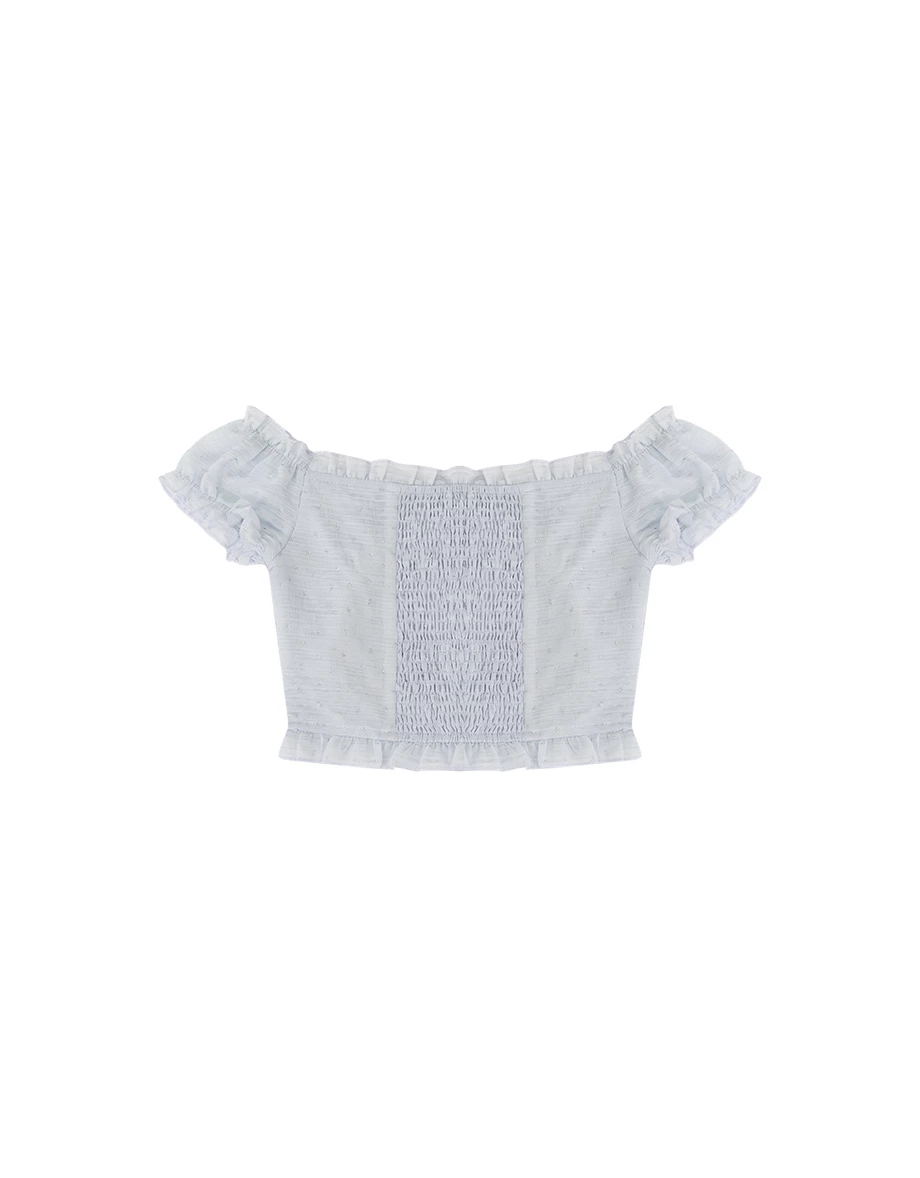 一字領荷葉邊澎袖星星緹花排扣短版上衣(附胸墊)