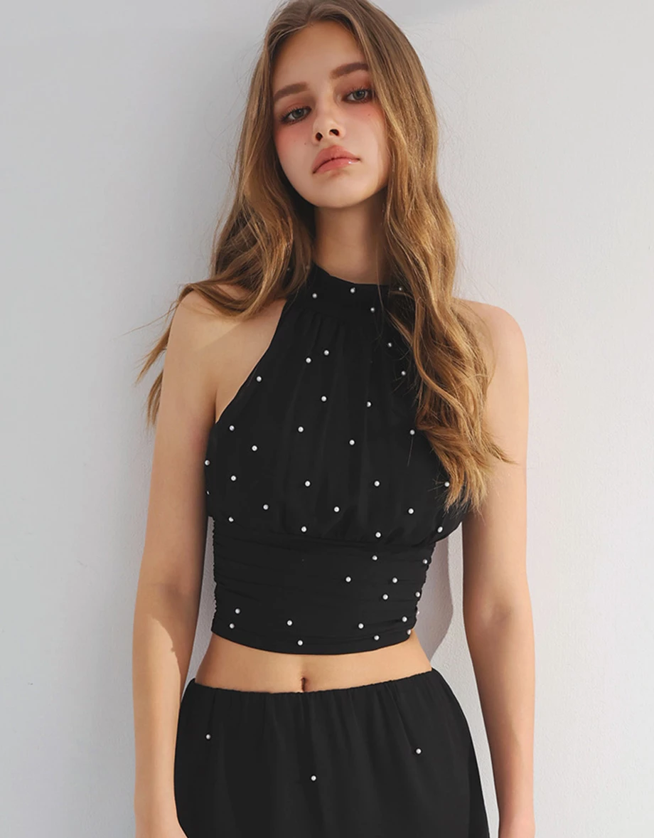 【ANN Design】Mock Neck Ruched Waist Pearl Embellished Halter Padded Bra Top