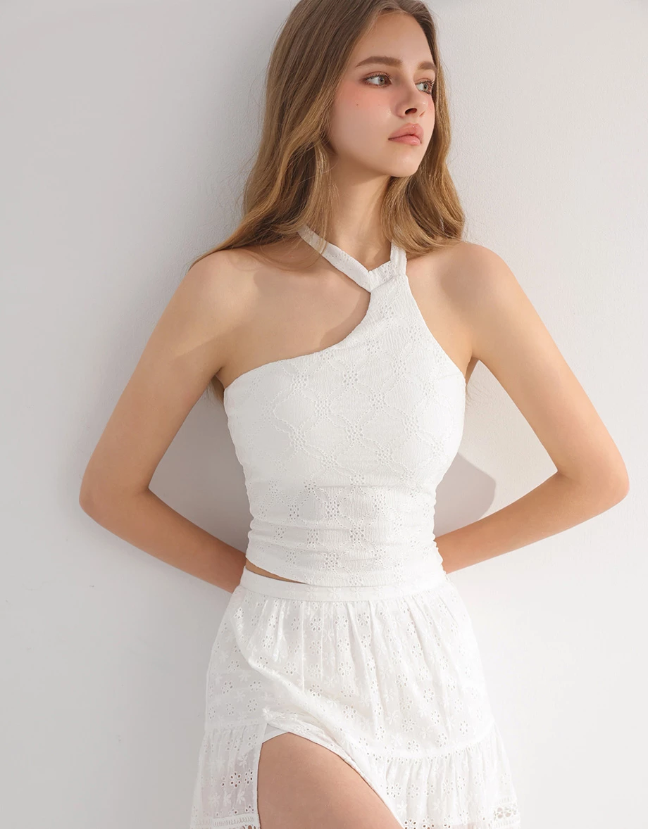 【ANN Design】Back Tie Asymmetrical Halter Neck Eyelet Lace Embroidery Crop Top