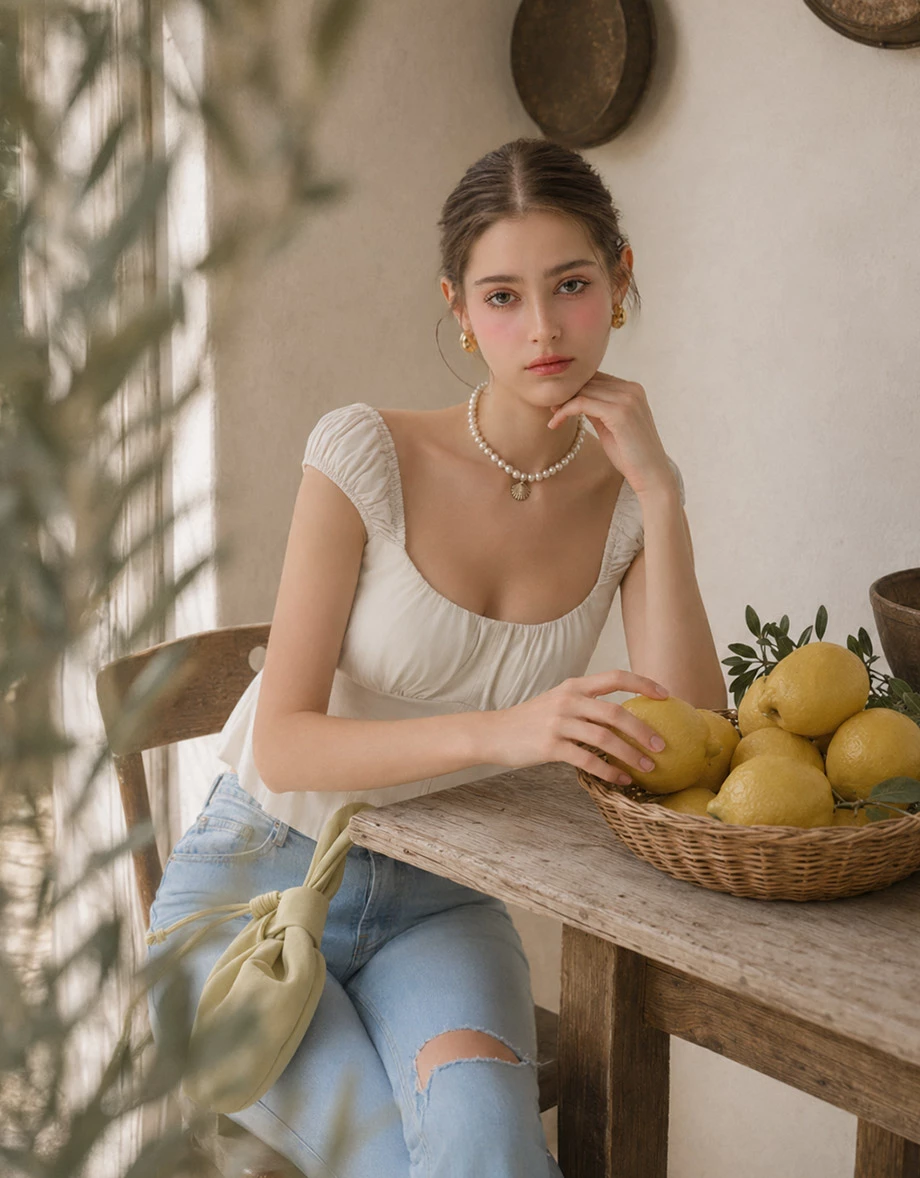 法式方領小澎袖打褶荷葉短版上衣(附胸墊) 法式方領小澎袖打褶荷葉短版上衣(附胸墊)