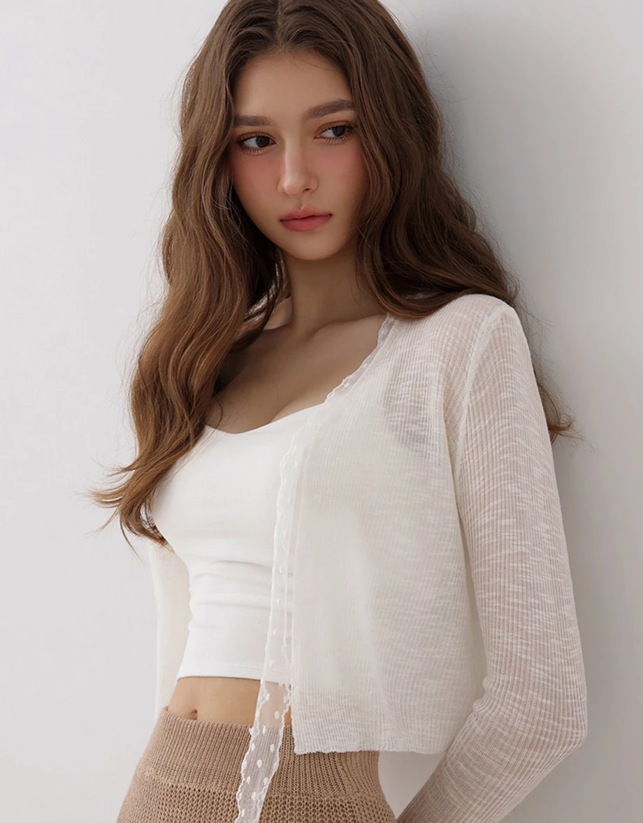 Lace Trim Tie Front Sheer Ribbed Knit Cardigan Lace Trim Tie Front Sheer Ribbed Knit Cardigan