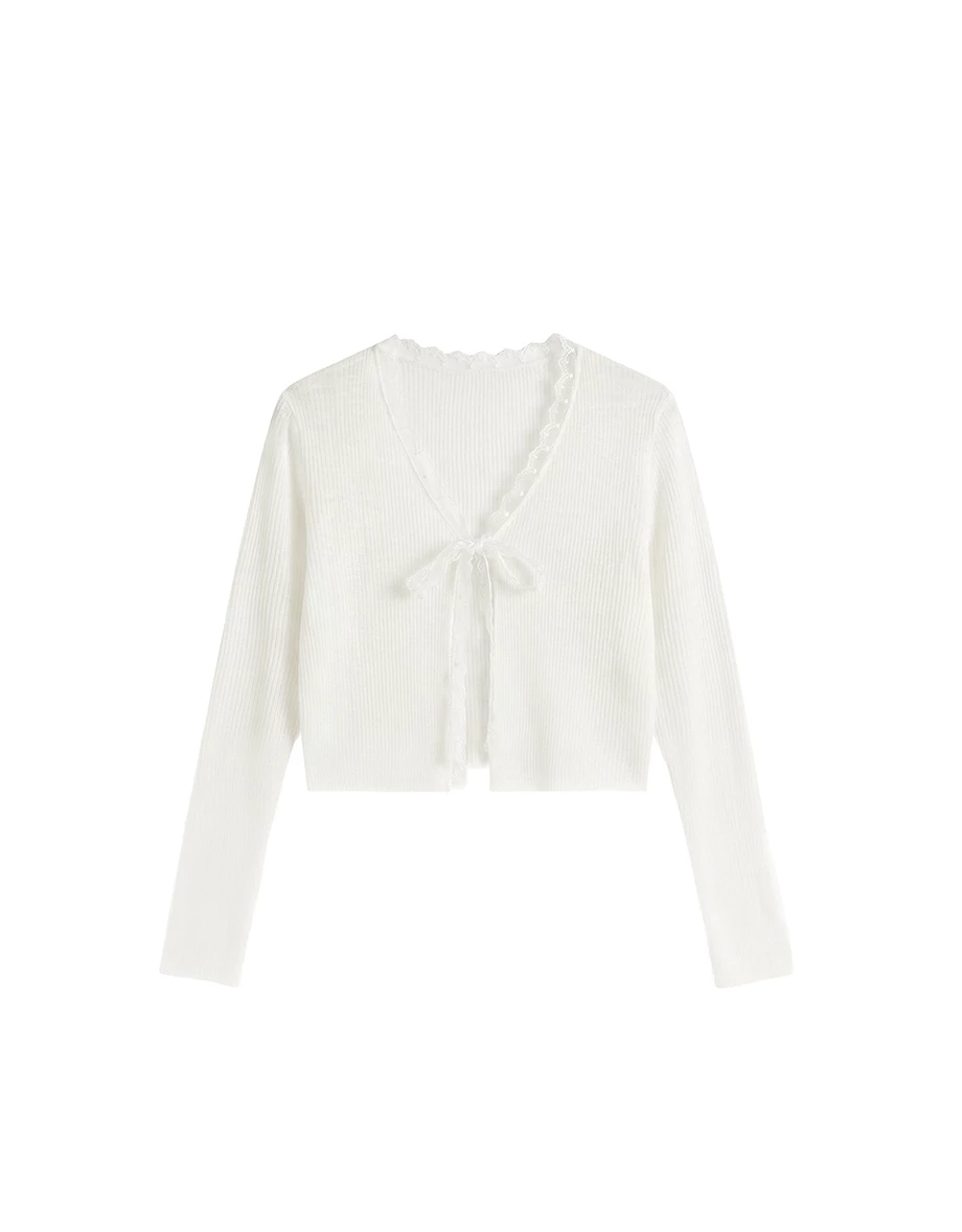 Lace Trim Tie Front Sheer Ribbed Knit Cardigan