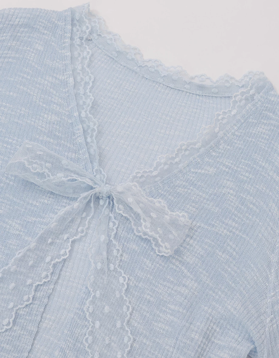 Lace Trim Tie Front Sheer Ribbed Knit Cardigan Lace Trim Tie Front Sheer Ribbed Knit Cardigan